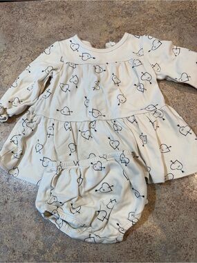 Quincy Mae Cream Dress and Bloomers with Black Heart Bird Print